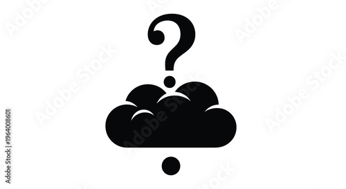 A stark black silhouette depicts a question mark forming from cloud like shapes suggesting uncertainty and thought high quality professional detailed