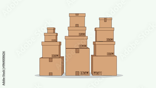 Various stacks and piles of brown cardboard shipping boxes of different sizes are shown ready for moving or storage.