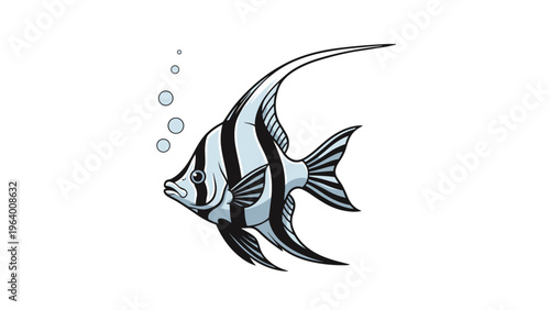 Striking black and white striped angelfish swims gracefully while blowing small bubbles in this marine illustration.