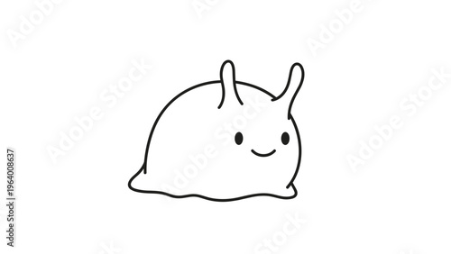 Adorable and simple black and white line drawing of a cute smiling slug with antennae on a plain white background.