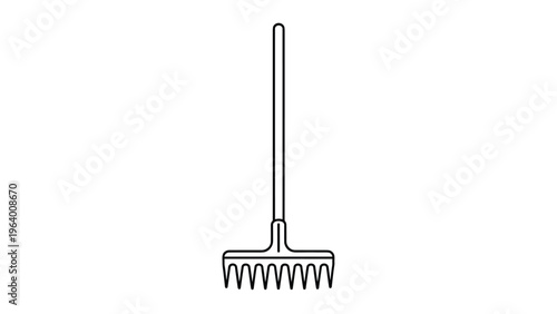 Simple black and white line art illustration of a traditional garden rake with a long handle and pointed tines for yard work tasks.