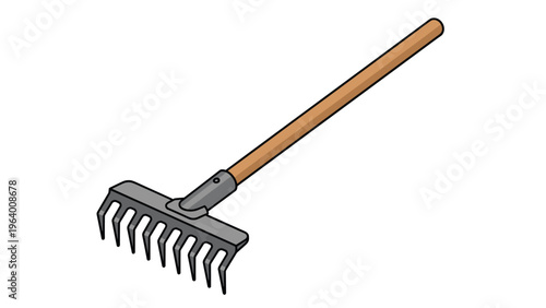 Traditional garden rake with a sturdy metal head and long wooden handle is depicted in a clean vector illustration.