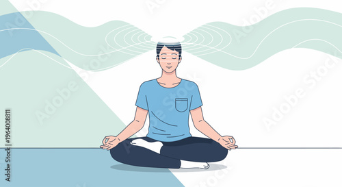 A man sits cross-legged on a yoga mat in a meditative pose with a serene background of abstract green waves.