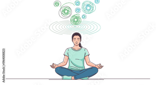 Illustration of a serene woman meditating in lotus position with thought bubbles above her head in calming green hues against a clean white background.