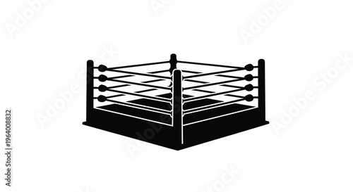A black and white illustration depicts a wrestling ring from a slightly elevated isometric perspective high quality professional detailed modern elegant