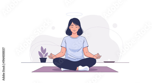 A woman sits cross-legged on a yoga mat in a meditative pose with hands outstretched and a potted plant beside her on a purple mat against a minimalist background with soft gray shapes.