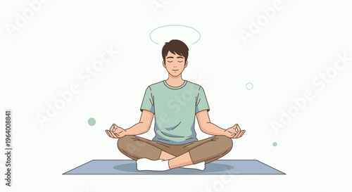 A man sits in a meditative lotus position on a yoga mat with a serene expression and a halo above his head.