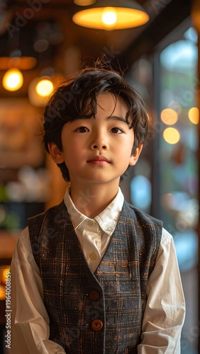 A young boy in a vest stands in a warmly lit indoor setting