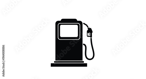 A stark black silhouette depicts a gas pump nozzle extended against a plain white background symbolizing fuel and energy high quality