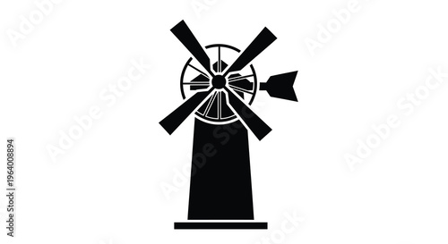 A stark black and white illustration depicts a traditional windmill with extended blades and a rectangular body high quality professional detailed