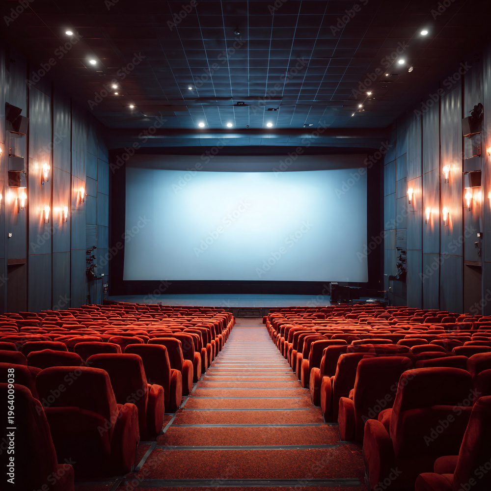 Fototapeta premium Wide shot of an empty modern auditorium with red seats and a large blank white screen on stage for presentation and seminar concepts.