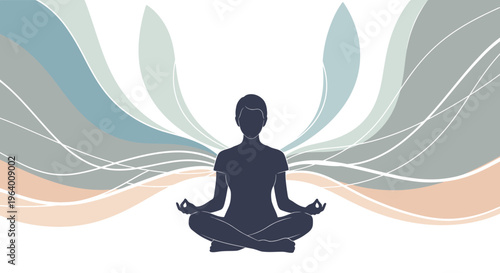 Silhouette of a person meditating in lotus position with abstract colorful waves in the background on a white surface.