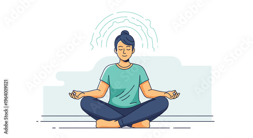 A man meditates in a lotus position on a floor with a calm and peaceful mood and a simple background.