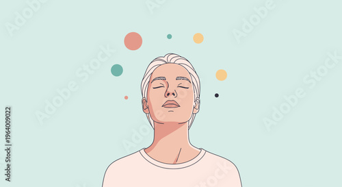 Illustration of a relaxed senior man with eyes closed and colorful thought bubbles against a soft green background.