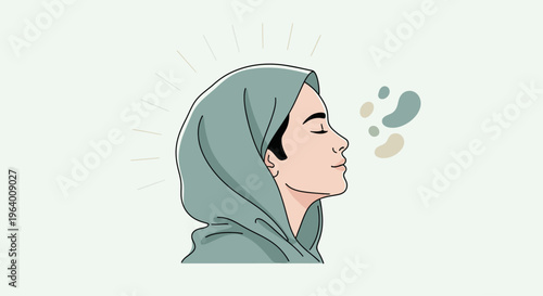 Illustration of a woman wearing a green hijab with a calm expression and soft colored speech bubbles against a light green background.