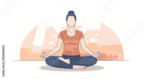 Illustration of a serene woman meditating in lotus position with hands in mudra on a white background with a subtle orange cityscape silhouette.