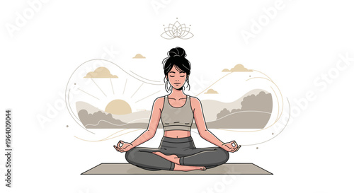 A serene woman meditates in lotus position on a yoga mat with a peaceful mountain landscape and sunny sky in the background, conveying a sense of calmness and relaxation.