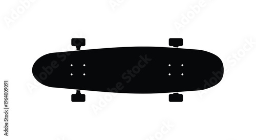 A stark black silhouette of a skateboard is displayed against a clean white background showcasing its shape high quality professional detailed