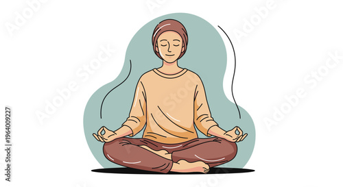 A serene woman meditates in lotus position with eyes closed against a soft green background.