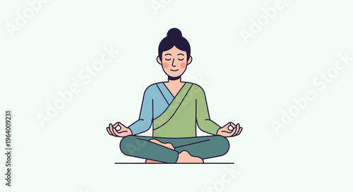 An illustration of a serene man sitting in a meditative pose with closed eyes against a plain background.