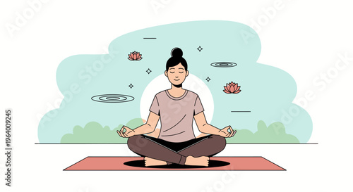 A serene young woman sits cross-legged in meditation on a yoga mat with floating thoughts and peacefully closed eyes in a calming outdoor setting.