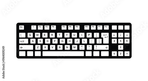 A minimalist black and white illustration depicts a standard computer keyboard with all its keys visible high quality professional detailed modern