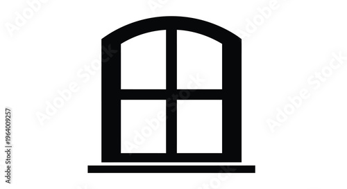 A simple black and white illustration depicts a classic arched window with a divided pane structure high quality professional detailed modern