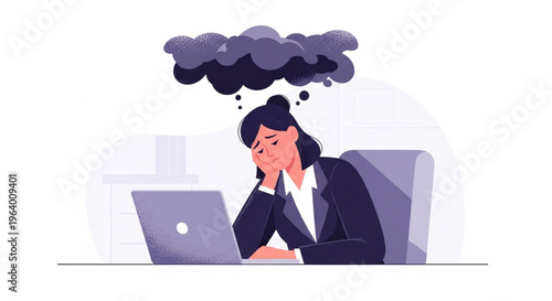 A woman at her desk leaning on her hand with dark, heavy clouds over her head symbolizing depression and stress.