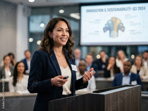 Confident business leader presenting innovation and sustainability strategy to engaged audience during corporate conference, sharing insights with clarity and inspiring energy

