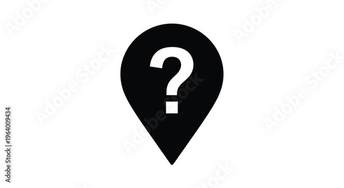 A simple black location pin icon features a white question mark inside representing an unknown or missing place high quality professional