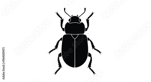 A stark black silhouette depicts a beetle with prominent antennae and segmented legs set against white high quality professional detailed modern