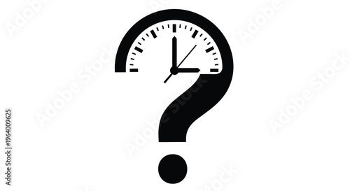 A black silhouette combines a question mark with a clock face visually representing uncertainty about time high quality professional detailed modern