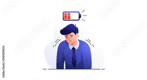 A businessman looking exhausted with a low battery symbol above his head, symbolizing lack of energy and burnout.