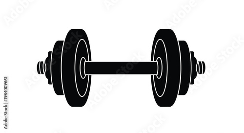 A minimalist black and white illustration depicts a standard barbell dumbbell commonly used for weight training exercises high quality professional detailed