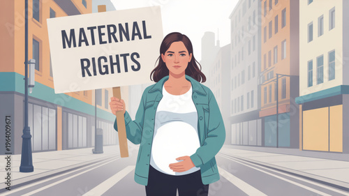 Pregnant woman holding maternal rights sign on city street for social justice and advocacy
