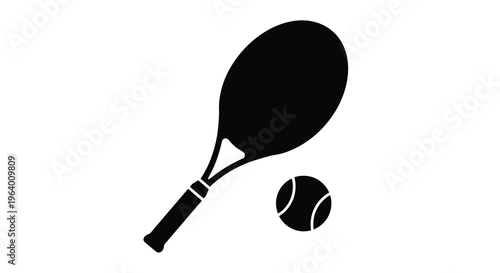 A stark black silhouette depicts a tennis racket and ball suggesting the sport and its equipment high quality professional detailed modern