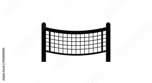 A simple black silhouette depicts a volleyball net with supporting posts suggesting a sports or recreational setting high quality professional detailed