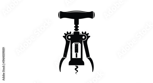 A minimalist black silhouette depicts a classic winged corkscrew a tool used for opening wine bottles isolated on white high quality