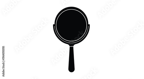 A simple black silhouette depicts a handheld cosmetic mirror with a circular reflective surface and handle high quality professional detailed modern