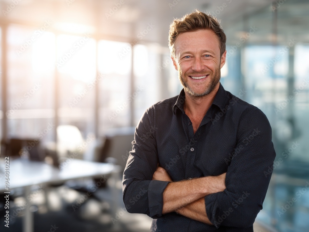 Naklejka premium confident man business portrait on a blured office background with natural sunlight
