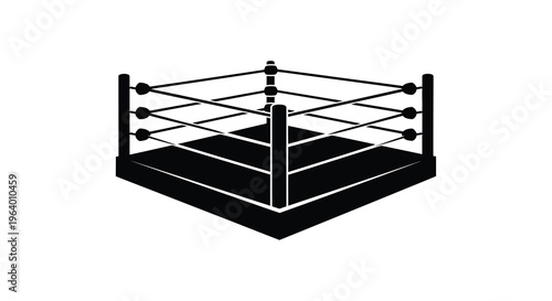 A minimalist black and white illustration depicts an empty boxing ring showcasing the ropes posts and canvas high quality professional detailed