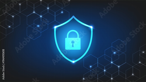Digital security shield and lock icon on a dark blue background with glowing geometric hexagon patterns