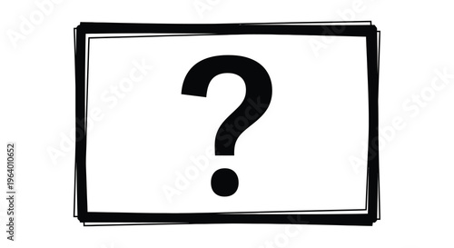 A simple hand drawn illustration depicts a black question mark centered within a roughly rectangular frame high quality professional detailed modern