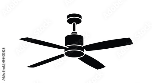 A simple black silhouette depicts a ceiling fan with four blades centrally positioned against a white background high quality professional detailed