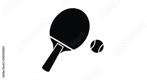 A simple black silhouette depicts a table tennis paddle and ball showcasing equipment used in the sport high quality professional detailed