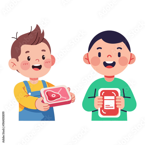 Happy Boys Celebrating Eid al-Adha with Fresh Meat Packages