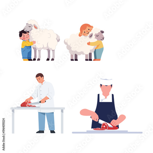 Eid al-Adha Children's Love for Sheep and Traditional Butchers Preparing Meat