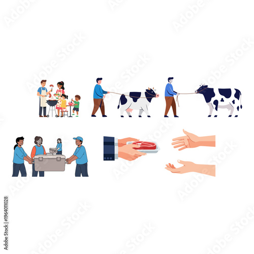 Eid al-Adha concept Families, livestock, and food preparation for the celebration