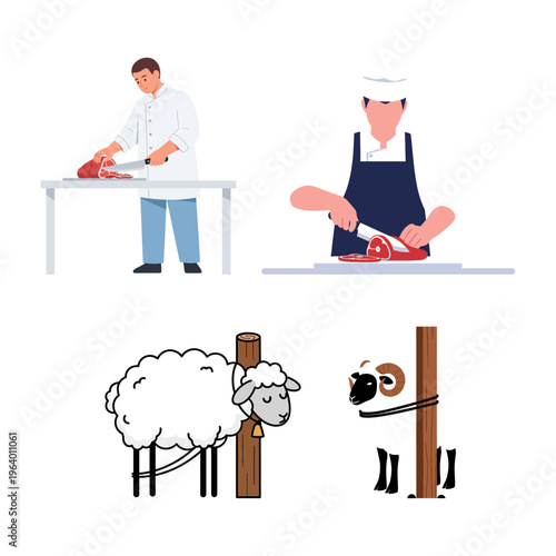 Eid al-Adha Meat Preparation Butchers and Sheep for Sacrifice
