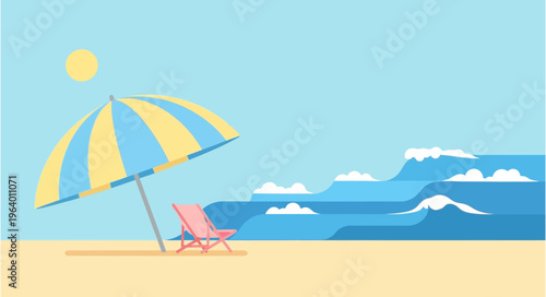 A flat design illustration of a sunny beach scene with a striped umbrella, a pink chair, and blue ocean waves under a clear sky.